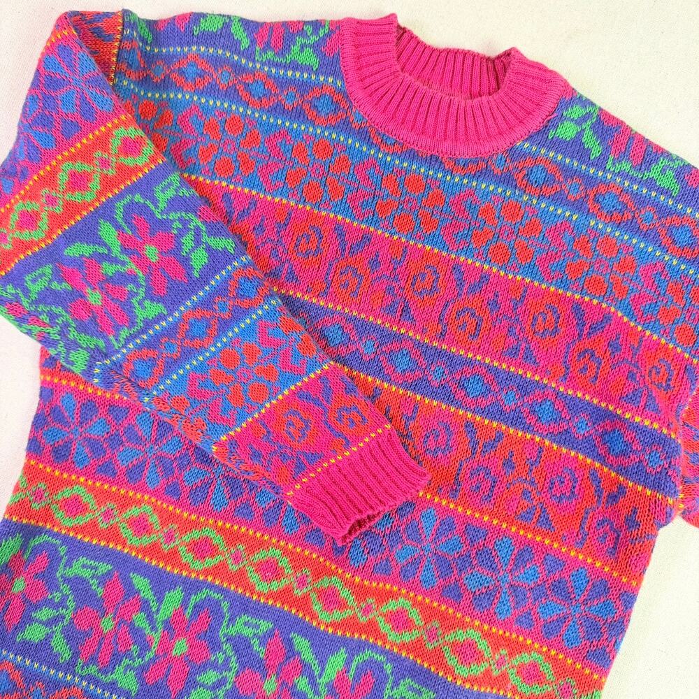 Vintage 90s Bright Floral Fair Isle Knit Sweater Women's M Retro Pop Colorful